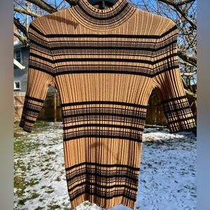 NWOT Tahari striped mock neck sweater 3/4 sleeve short sleeve 90’s y2k brown M